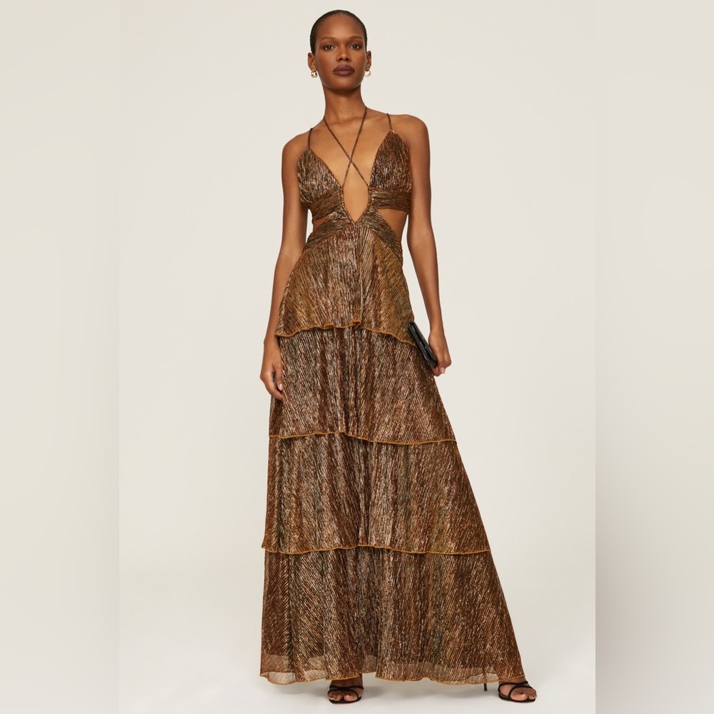Line & Dot Metallic Tiered Maxi Dress - Bronze